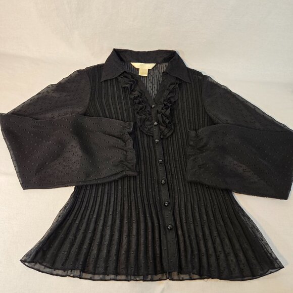 Vintage NEW YORK CITY D. Boho Y2K Black Sheer Pleated Ruffle Shirt Top Size M. - Picture 7 of 16